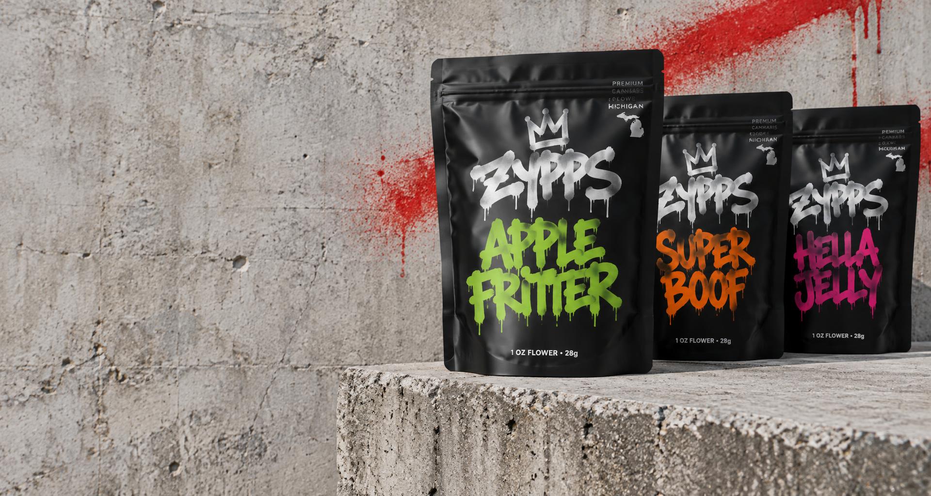 ZYPPS concept bags with Apple Fritter, Super Boof and Hella Jelly graffiti packaging